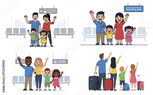 Two Families at the Airport Ready for Travel with Enthusiastic Expressions.