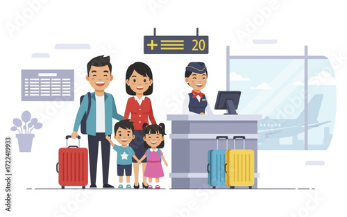 Cheerful Family at Airport CheckIn with Smiling Attendant and Luggage.