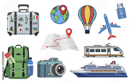 Diverse Travel Icons Depicting Adventure Exploration and Global Journeys.