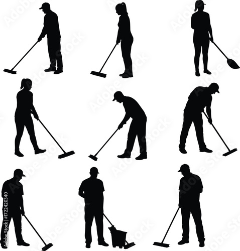 Silhouette people cleaning floor, janitor sweeping with broom, professional housekeeping staff, sanitation workers, hygiene maintenance, cleaning service, workplace cleanliness, mop bucket.
