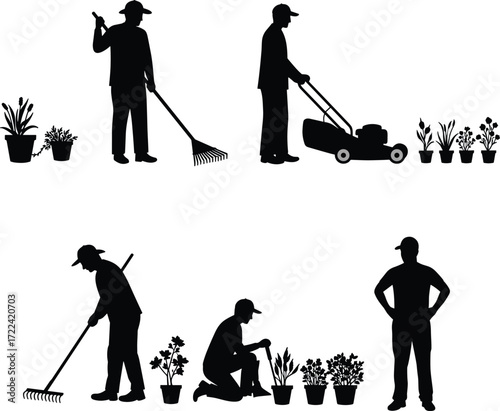 Silhouette people gardening, mowing lawn, raking soil, planting flowers, garden maintenance, outdoor yard care, eco lifestyle, agriculture work, seasonal teamwork.