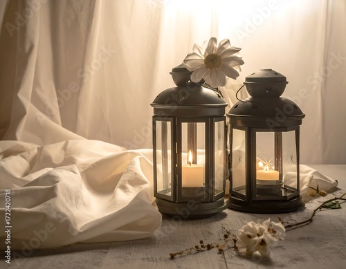 Two lanterns with flowers in soft light