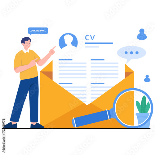 Man points to CV in envelope with magnifying glass