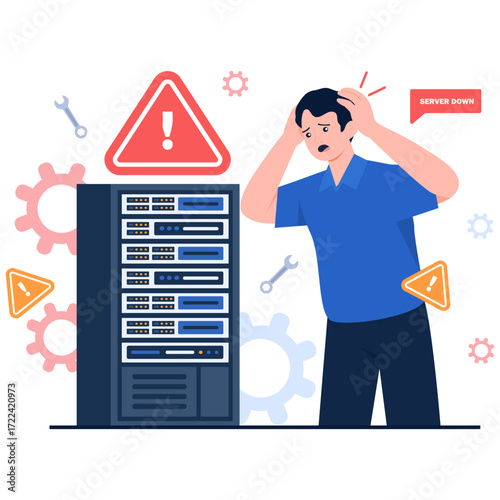 Man frustrated by server rack with warning signs
