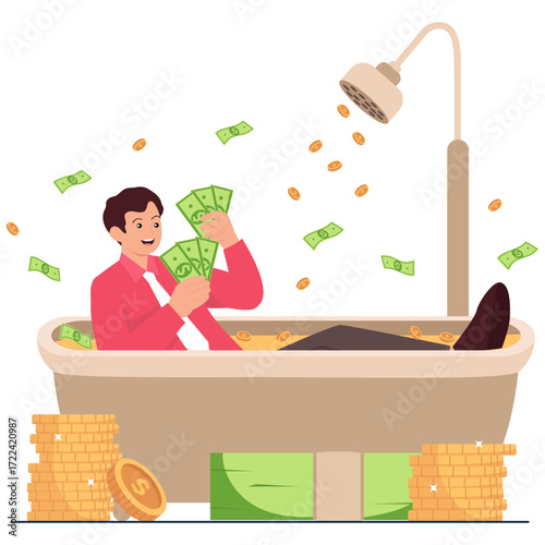 Man in bathtub with money raining down