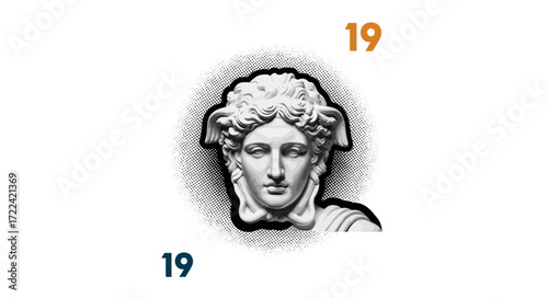 Medusa Head Sculpture with Halftone Background and Number 19