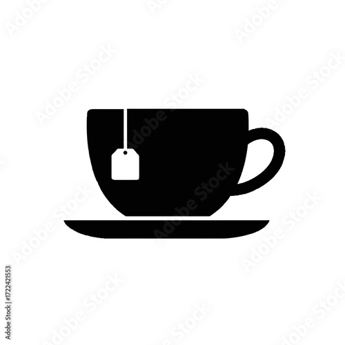 Tea cup silhouette simple black shape with teabag on saucer hot drink beverage