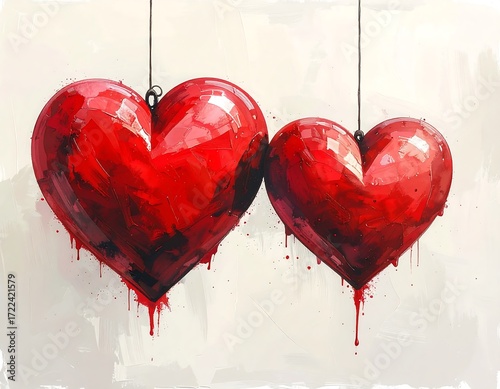 Two large, glossy red hearts hanging by strings, dripping crimson paint