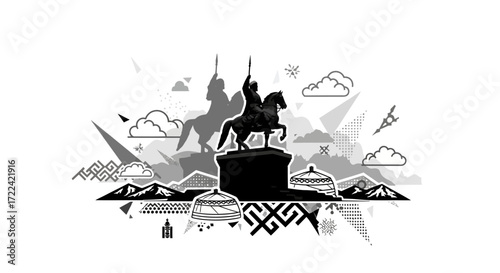 Monumental Horseman Silhouette with Geometric and Cultural Elements