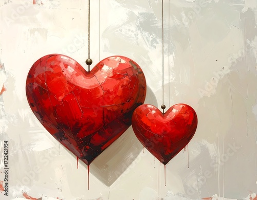 Two large hearts hanging on strings against a textured backdrop
