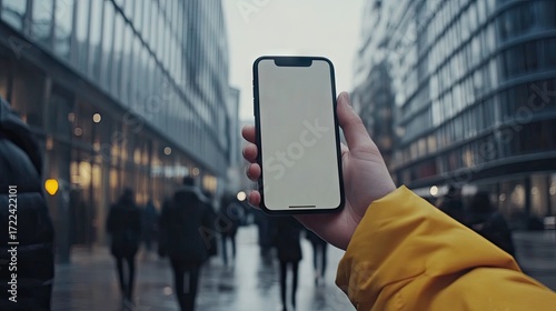A hand in a yellow jacket holds a smartphone with a blank screen, outdoors in a blurred city street on a cloudy day. People are walking in the background