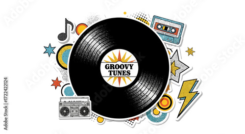Groovy Tunes Vinyl Record with Retro Music Elements, Pop Art Style