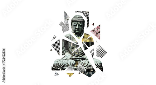 Geometric Buddha Statue with Patterned Accents on White Background