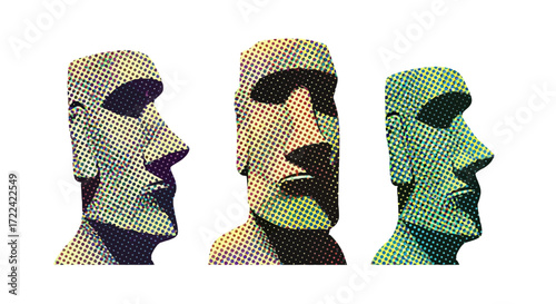 Three Moai Statues with Halftone Pattern, Easter Island Sculptures