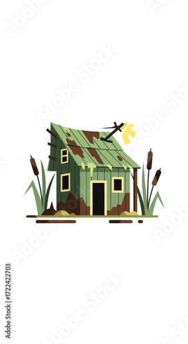 An illustration of a dilapidated swamp shack with cattails and a moon in the background.