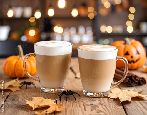 Two lattes on a wooden table, surrounded by Halloween decorations