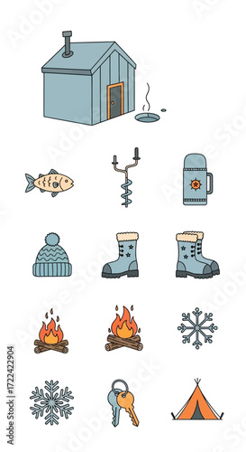 Illustration of ice fishing equipment and accessories, including a hut, fish, and boots.