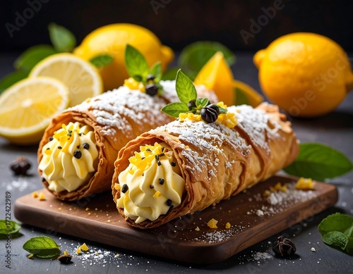 Two lemon-filled pastries on a wooden board