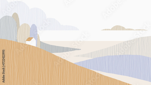 Minimalist abstract landscape featuring a serene scene of fields and mountains in front of the river filled with lines of muted purple and grey tones