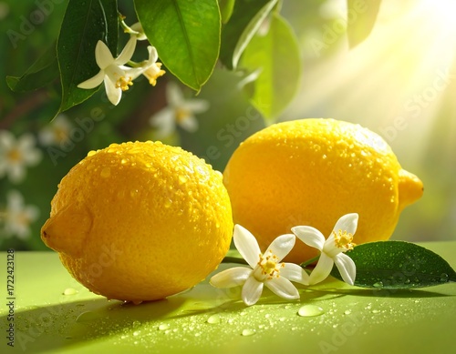 Two lemons with blossoms and leaves