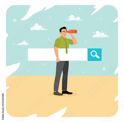 Search and discovery career concept, Businessman look with spyglass, binoculars on search bar.