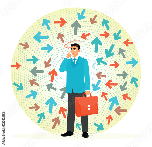 Tough decisions concept. Businessman Standing Among Arrows With Confusion and Choices.