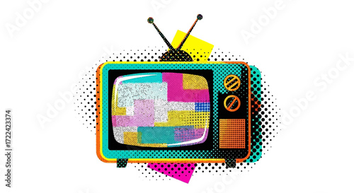 Colorful Retro Television with Antenna and Static