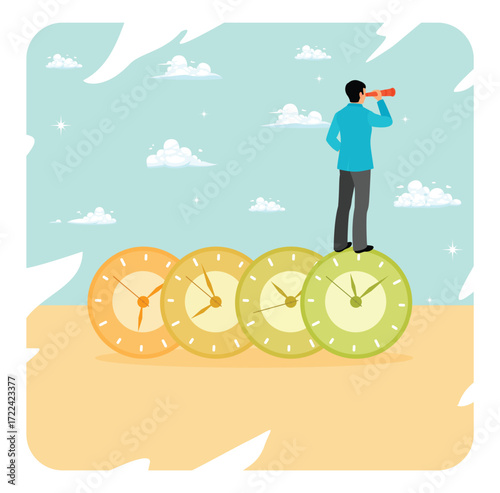 Time management concept. Businessman looking using spyglass riding time passing clock.
