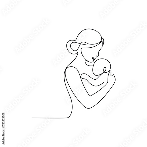 Minimalist single line drawing of a mother holding her newborn baby close