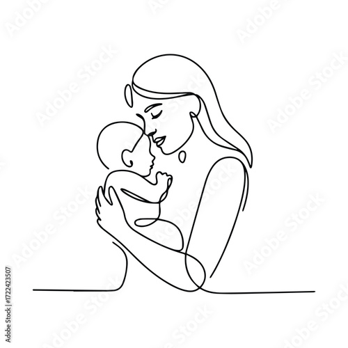 Elegant minimalist line art depicting mother holding her beloved baby close