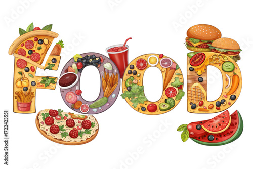 Deliciously vibrant word FOOD crafted from colorful fresh ingredients and popular snacks celebrating culinary delight and tasty treats