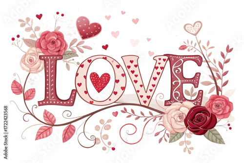 Romantic floral "LOVE" design with hearts and roses, perfect for Valentine's Day, weddings, or expressing affection.