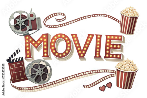 Retro movie night celebration with vintage cinema elements popcorn and marquee lights