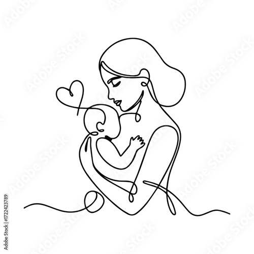 Elegant single line drawing of mother holding baby with heart symbol