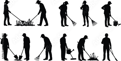 Silhouette people gardening, workers raking soil, watering plants, digging with shovel, trimming bushes, outdoor maintenance, eco lifestyle, agriculture care, seasonal yard work.