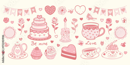 Cute pink valentine s day elements collection with cakes hearts flowers and tea cups
