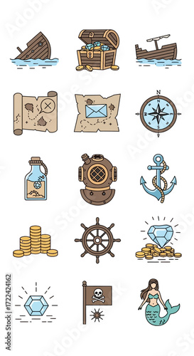 Collection of colorful pirate-themed illustrations featuring shipwrecks, treasure chests, maps, and nautical elements.