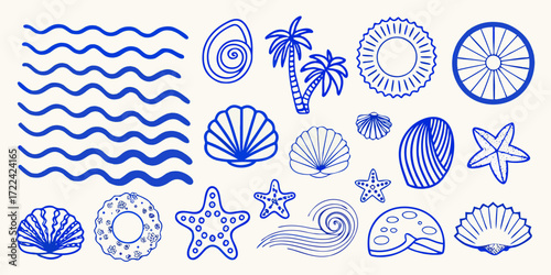 Collection of hand drawn blue line art beach and ocean themed icons and symbols on a white background