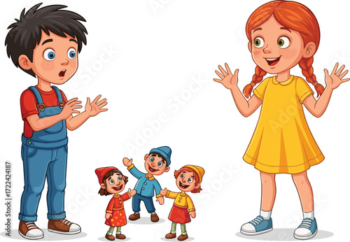 Cartoon boy and girl playing with dolls, happy children smiling, fun childhood activity, colorful puppet toys entertainment, kids joyful playtime