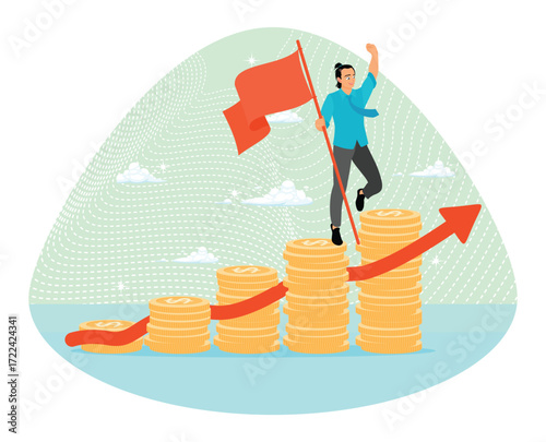 Financial success concept. Businessman holding success flag on coins stack.