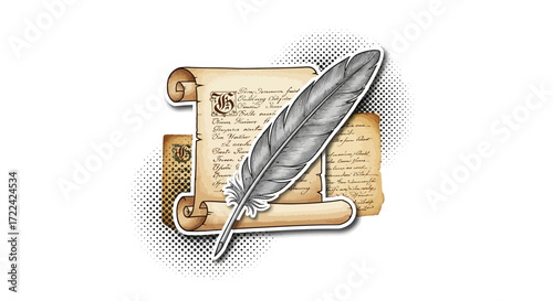 Quill Pen and Antique Scrolls Illustration with Calligraphy Text