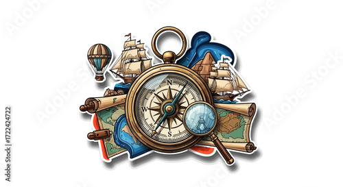 Vintage Travel Illustration with Compass, Ships, and Maps