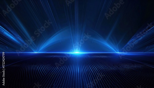 Azure luminosity with ray beams emanating from a point on a textured horizon. The vibrant display blends cosmic energy and digital design