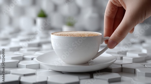 A Hand Reaching for a Cup of Coffee in a Modern, Minimalist Setting