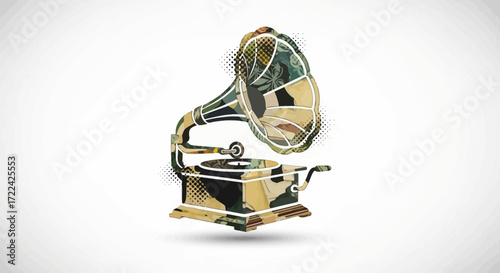 Camouflage Patterned Vintage Gramophone with Horn Speaker
