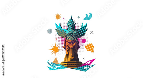 Colorful Garuda Wisnu Kencana Statue Illustration with Abstract Elements
