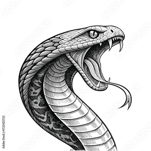 Engraving of a Hissing Cobra with Fangs Bared and Tongue Out