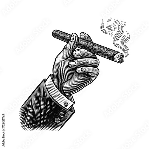 Engraving of a Hand in a Suit Holding a Lit Cigar