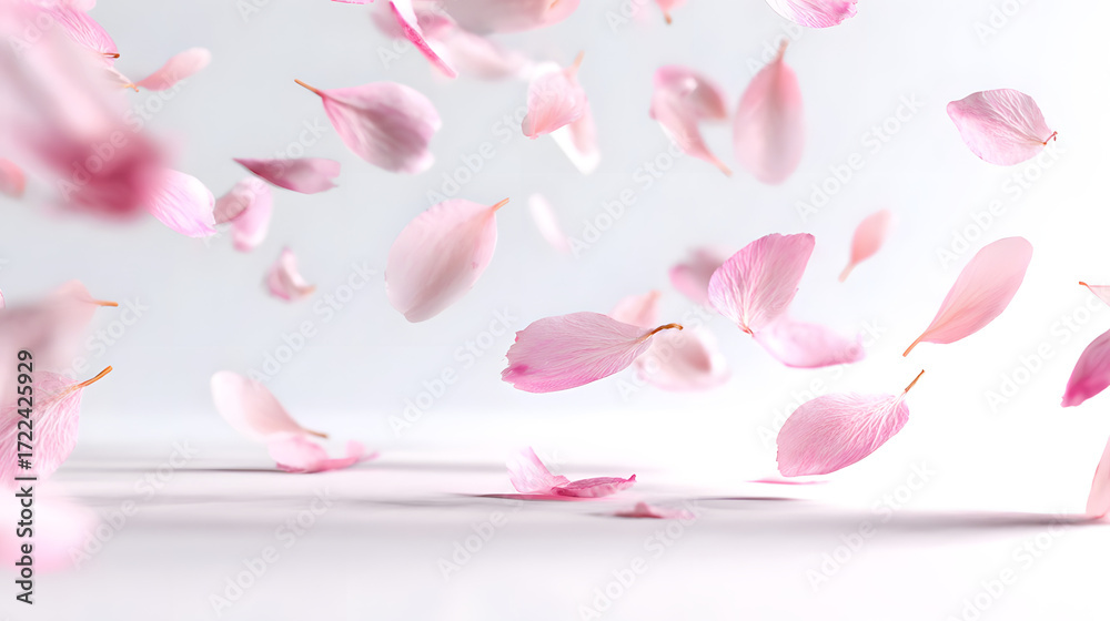 Fototapeta premium Sakura petals flying in the wind on a white background. Sakura background