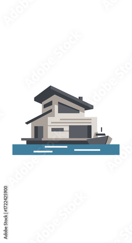 Modern house floating on water, featuring a contemporary design with a dark roof and large windows.